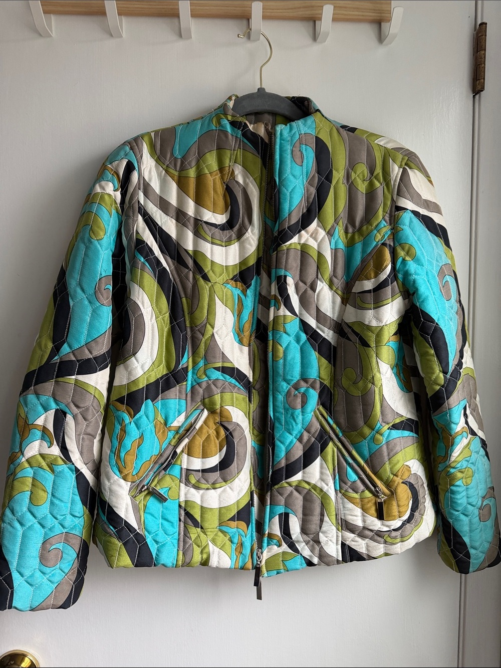 Carole Little Quilted Swirl-Print Jacket in Turquoise, Olive & Gray